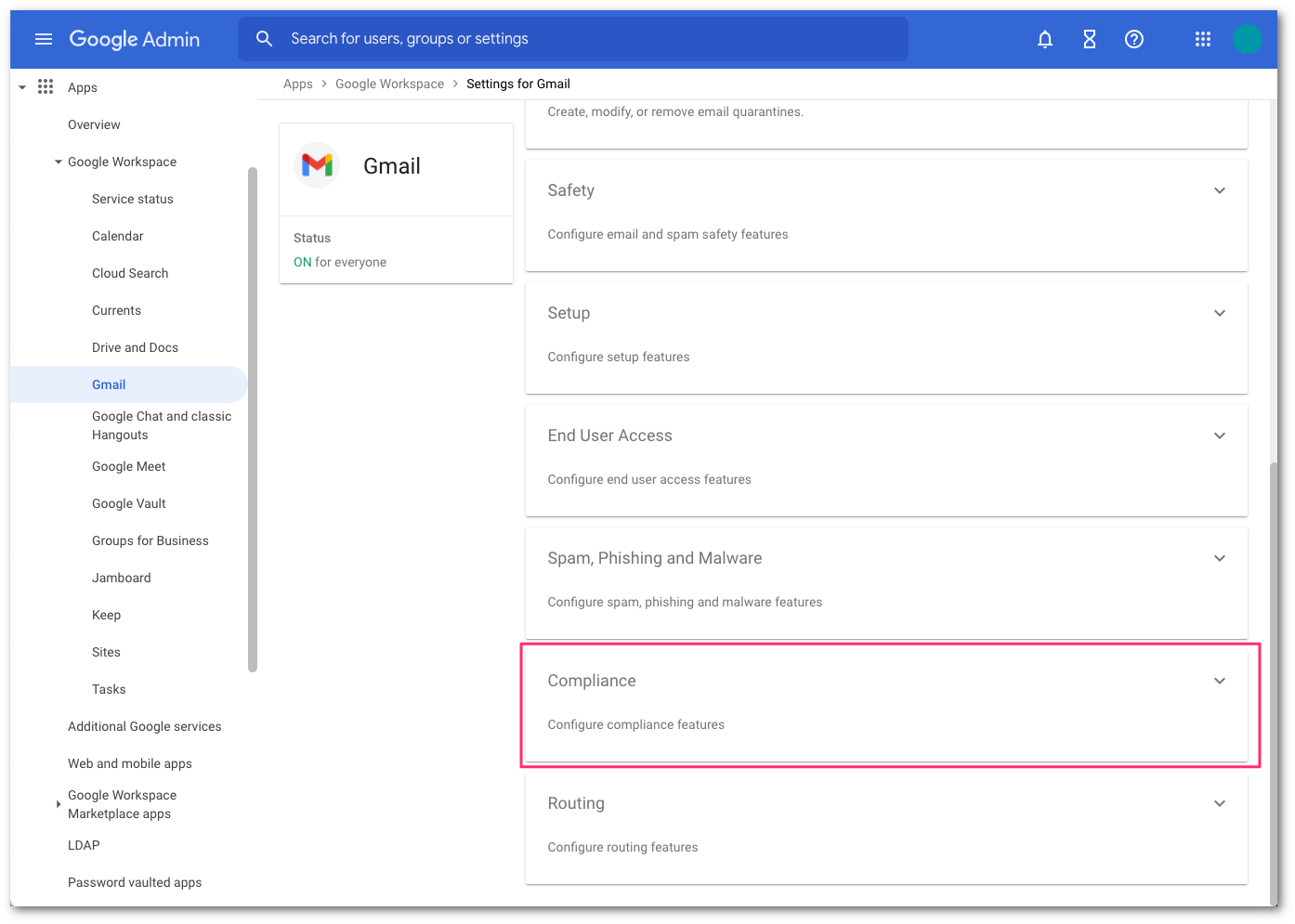 Access the compliance configuration